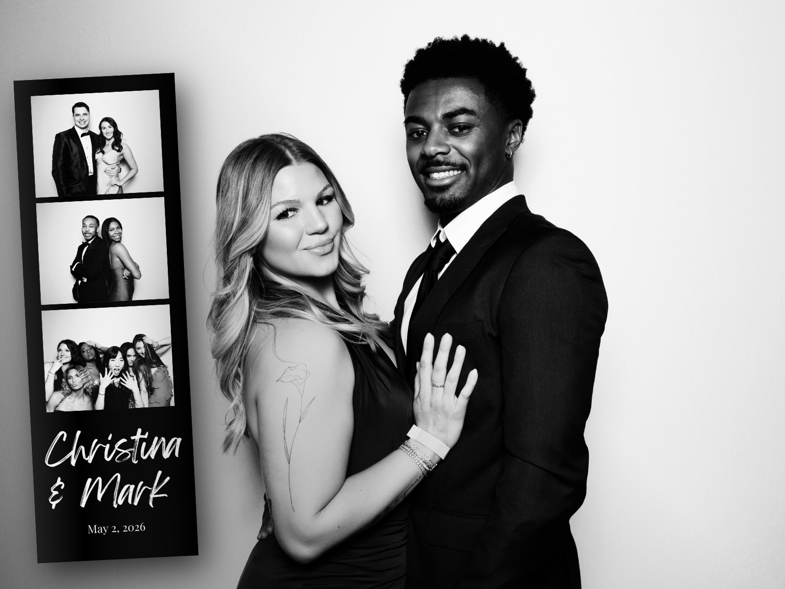 Black-and-white glam portrait with a print strip